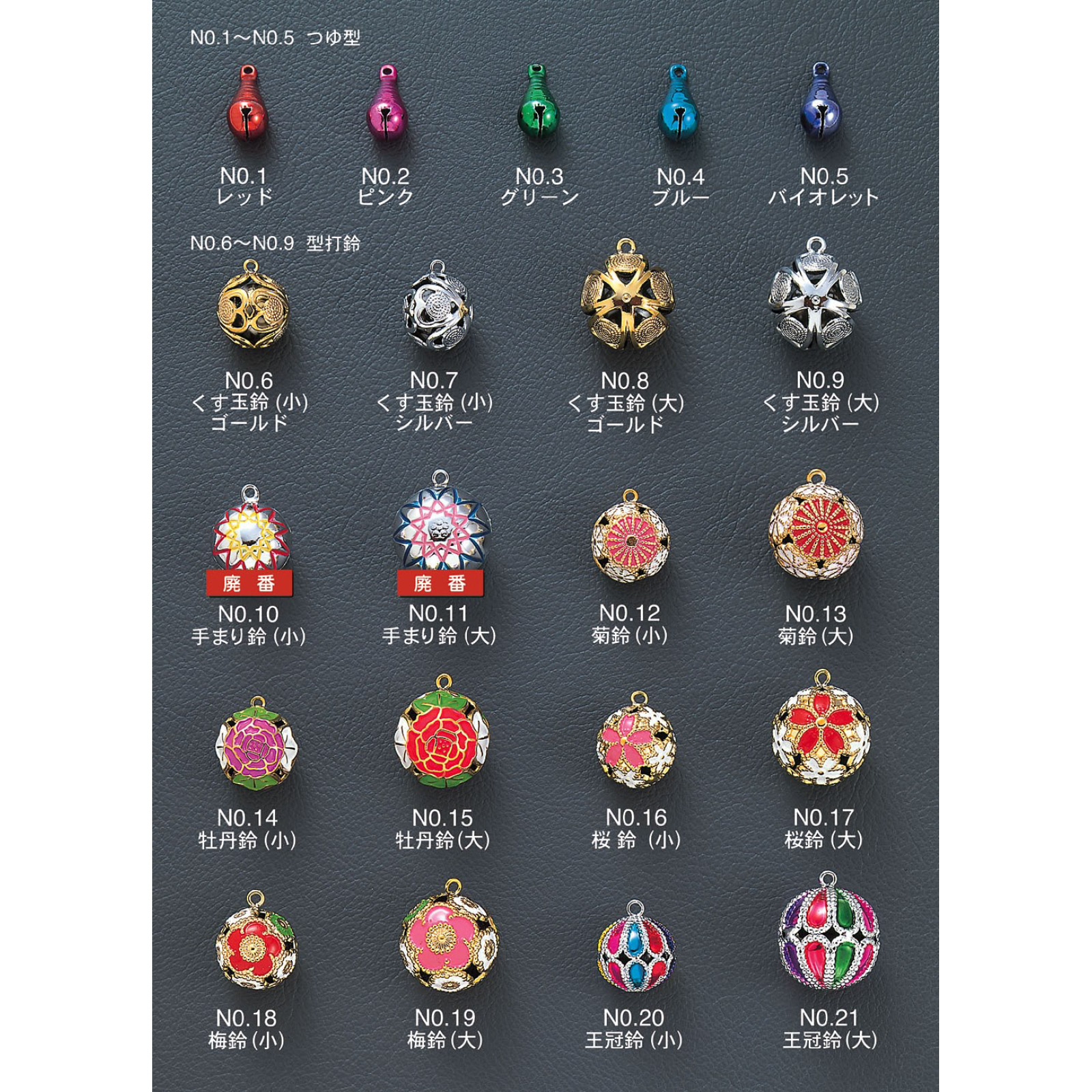 つゆ型鈴・くす球鈴・手まり鈴・菊鈴・牡丹鈴・桜鈴・梅鈴